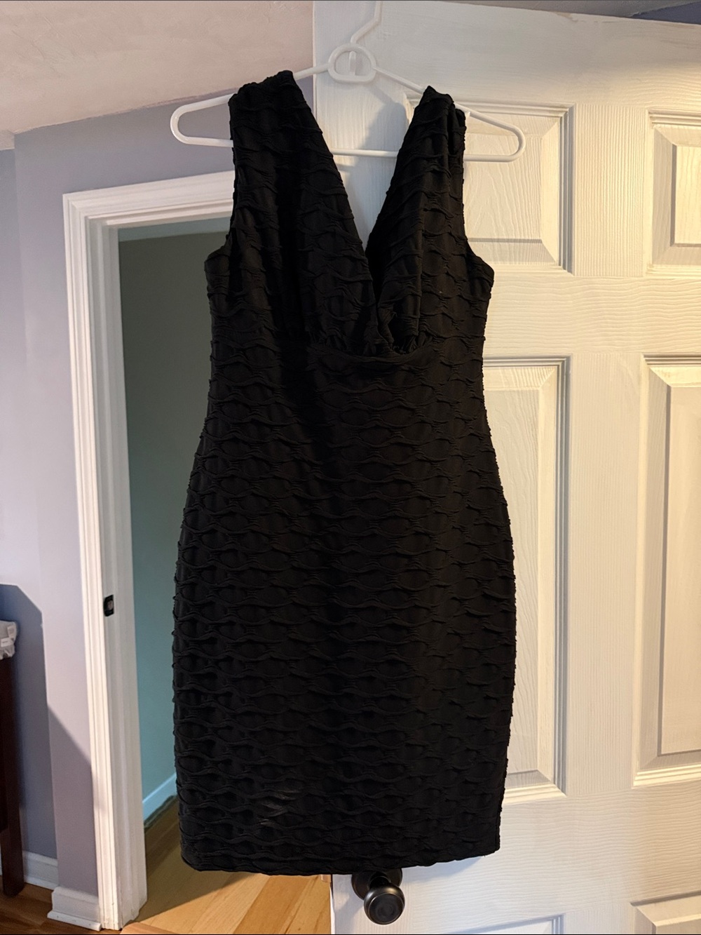 London Times Black Textured V-Neck Mini Dress with Sculpted Silhouette